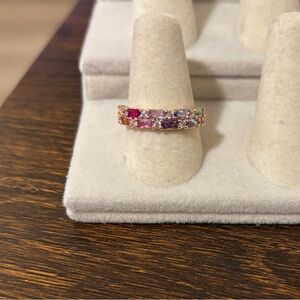Bomb Party Rose Gold Ring with Multicolor Rainbow Gemstones, Size 8